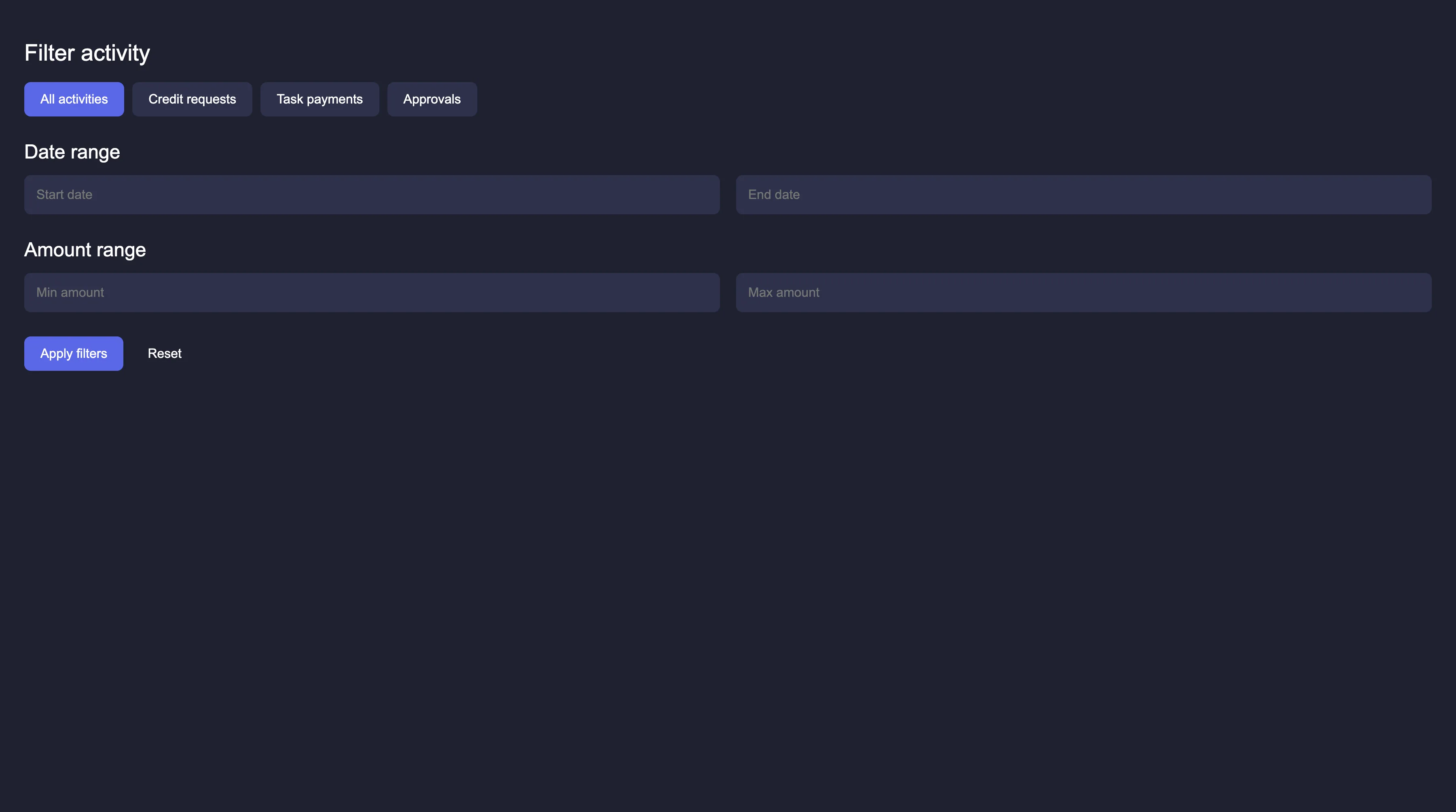 Filter and search activity