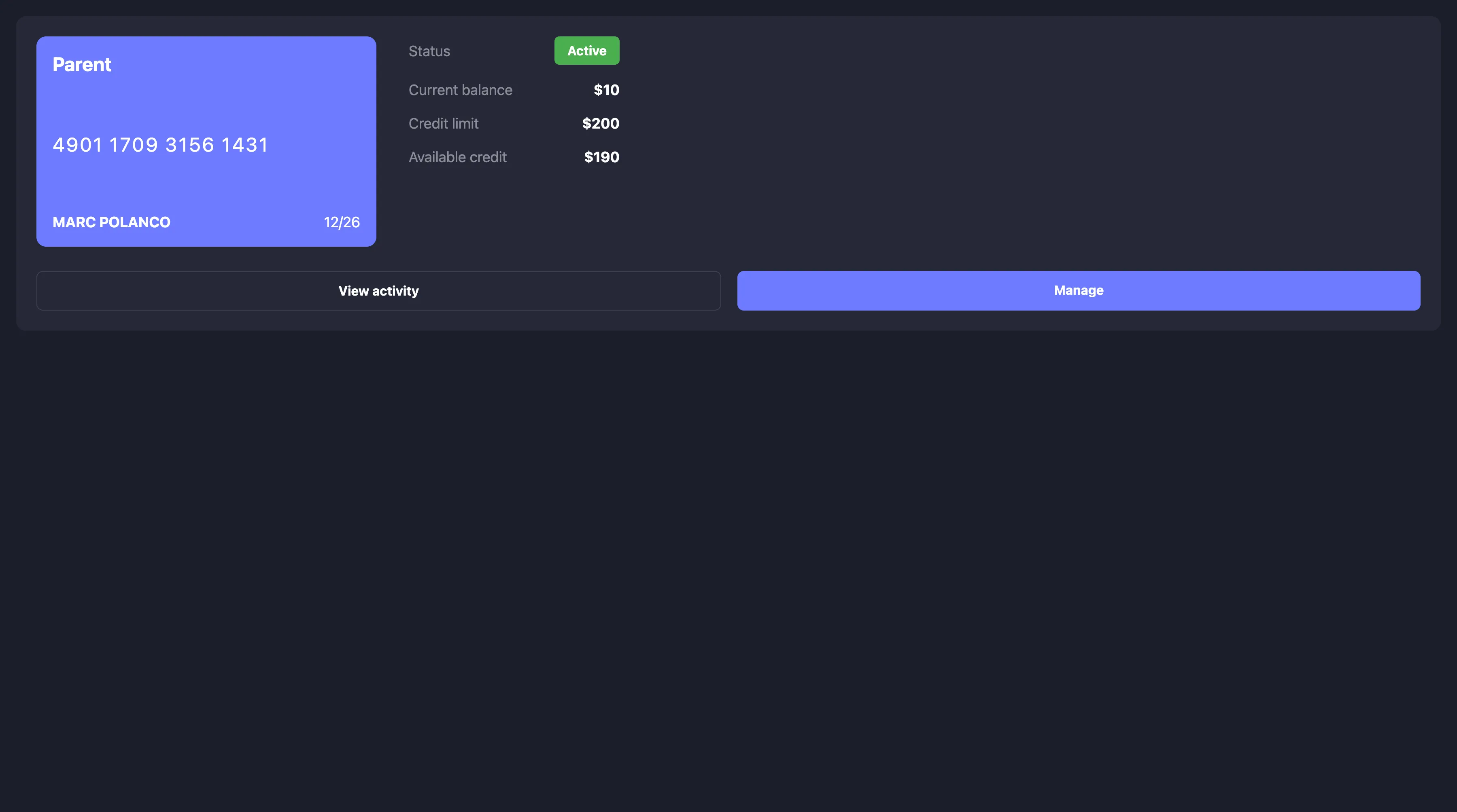 Card management navigation