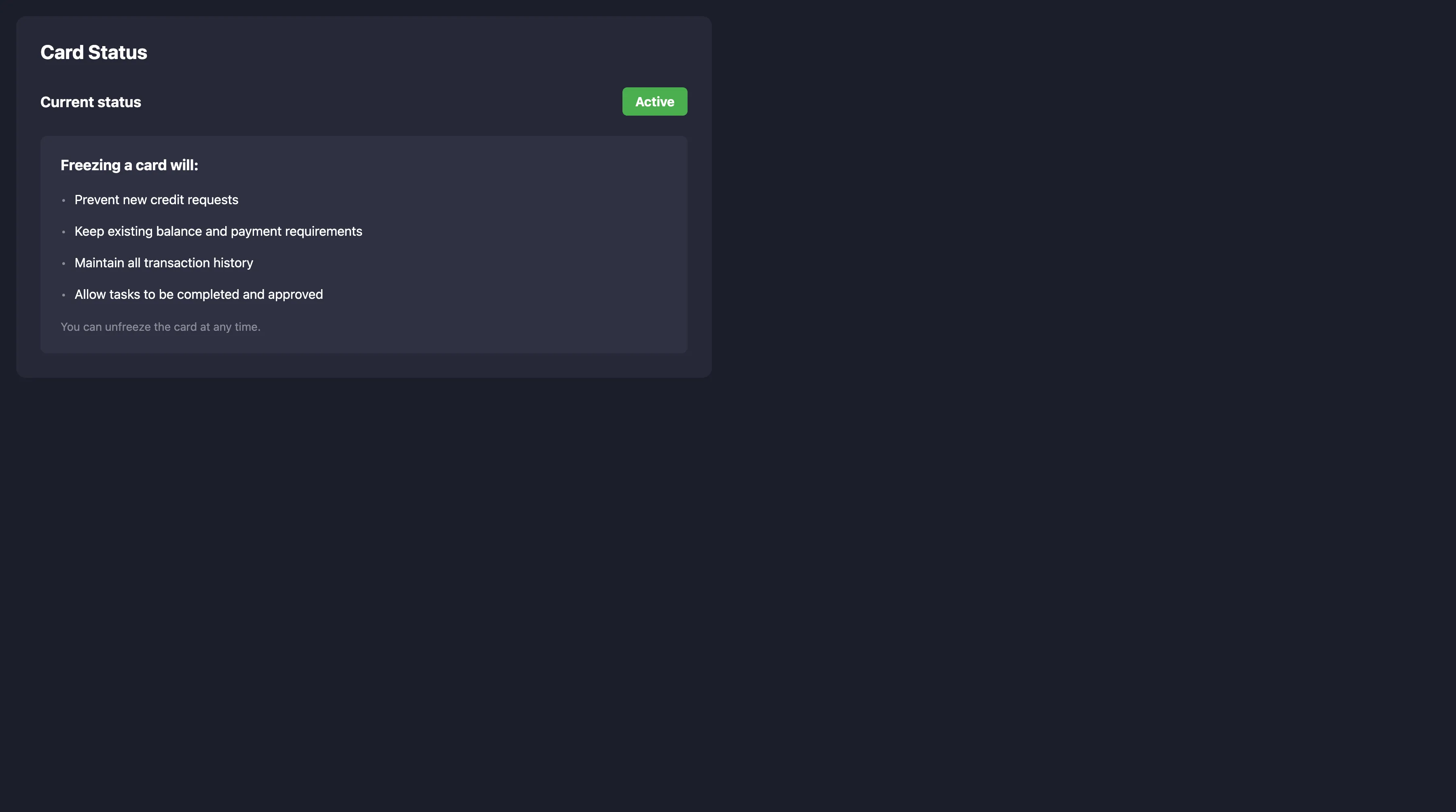 Freeze card functionality