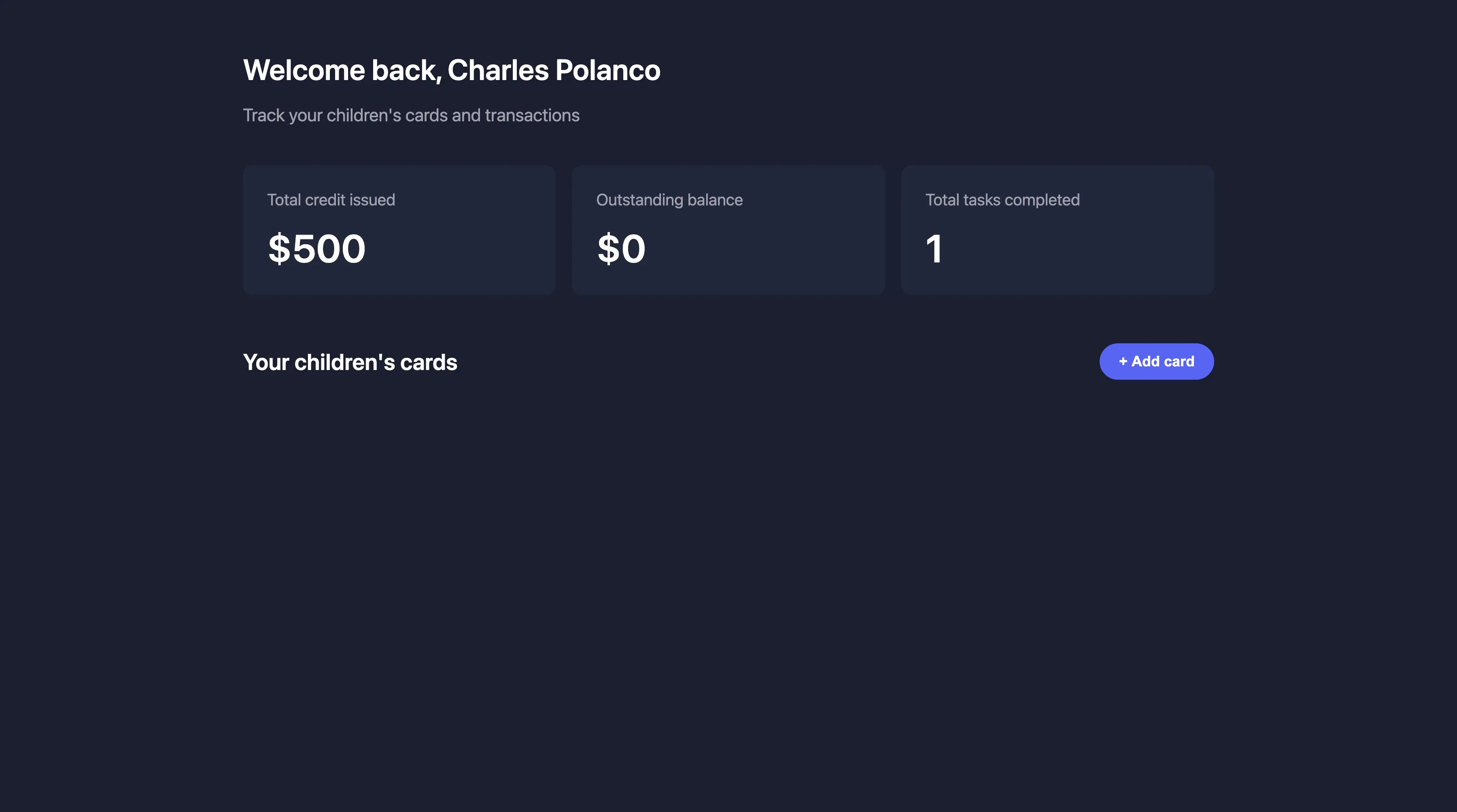 Dashboard with add card button