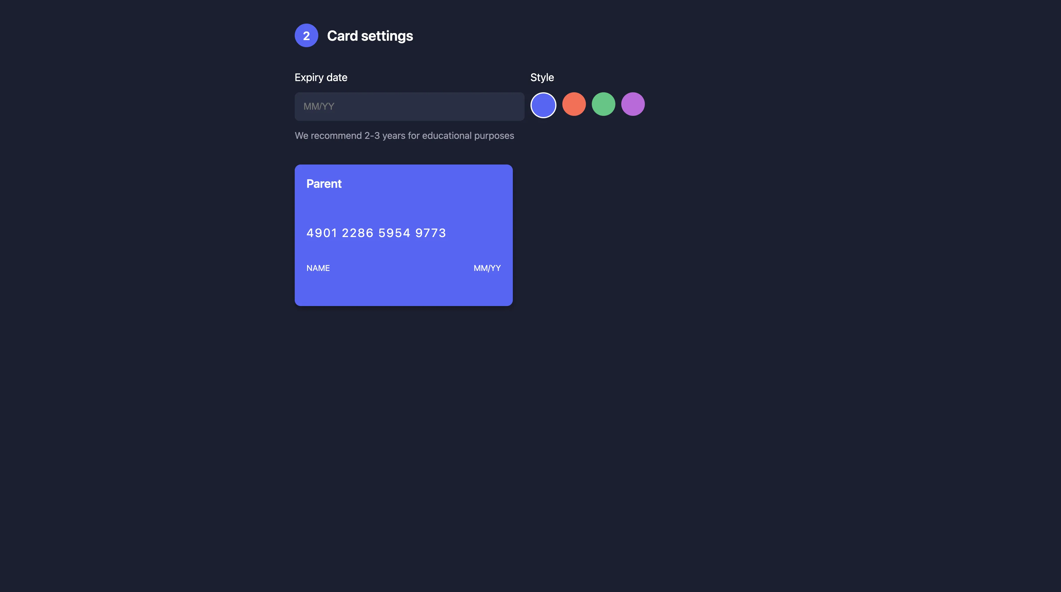 Card settings configuration