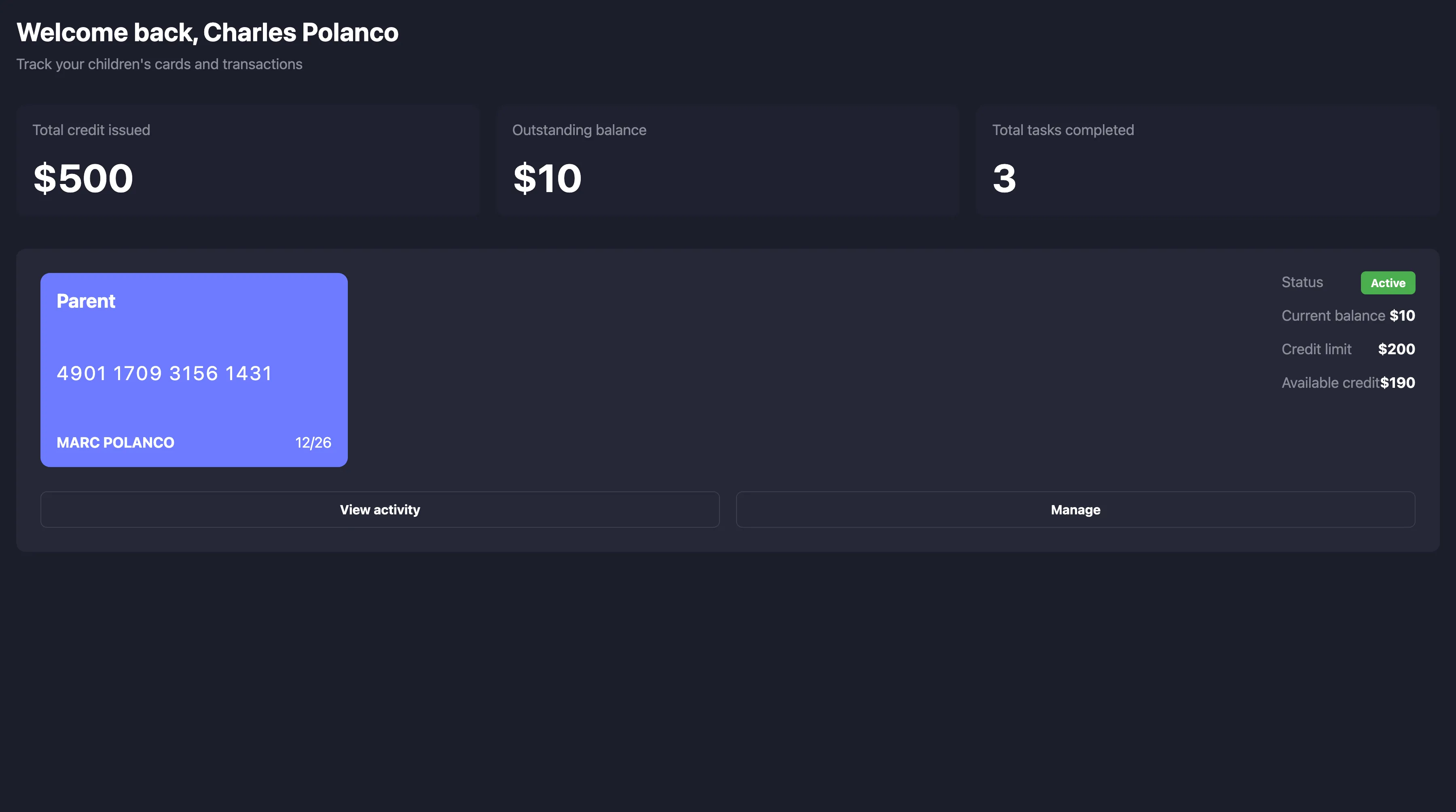 Dashboard balance view
