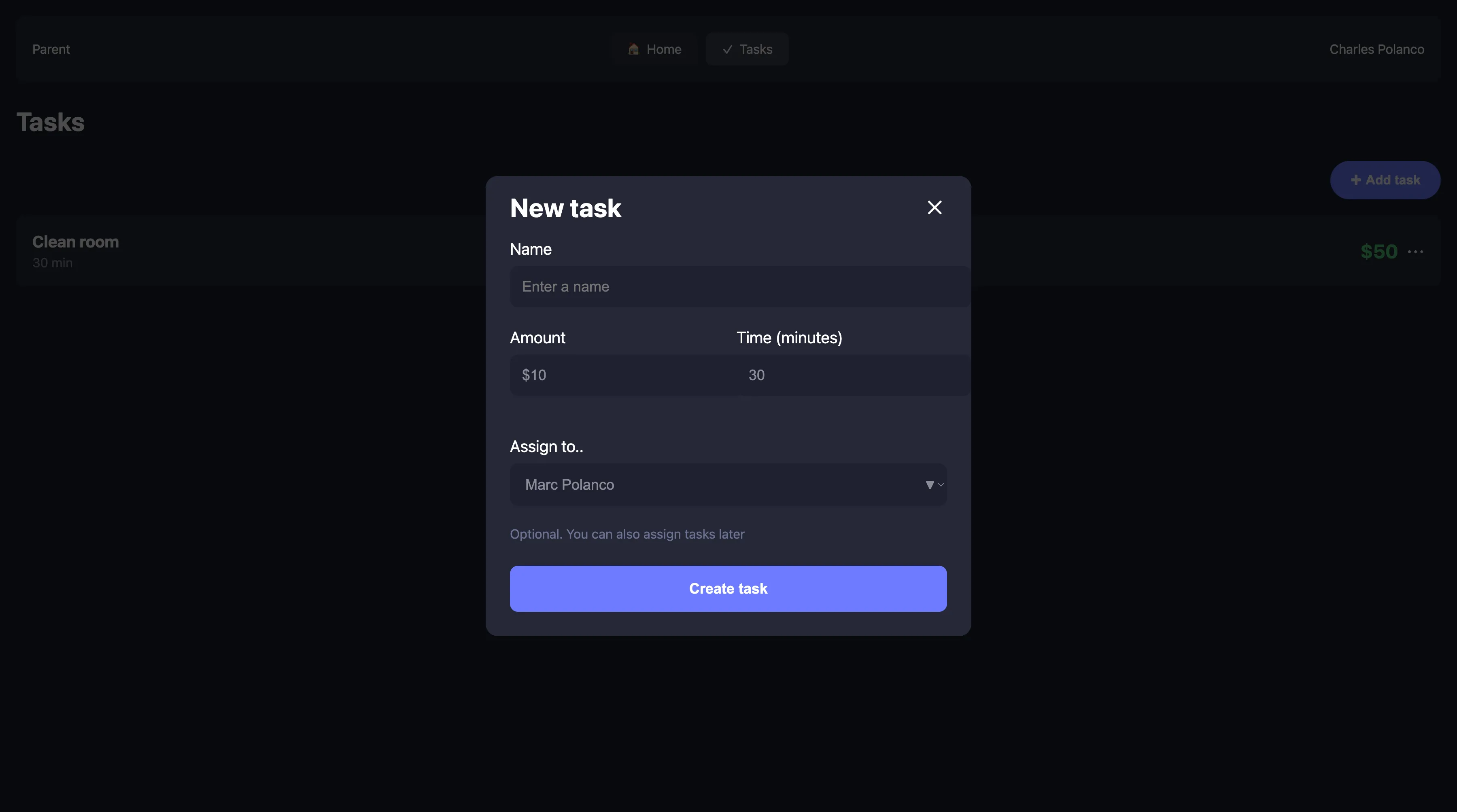 Create new task interface