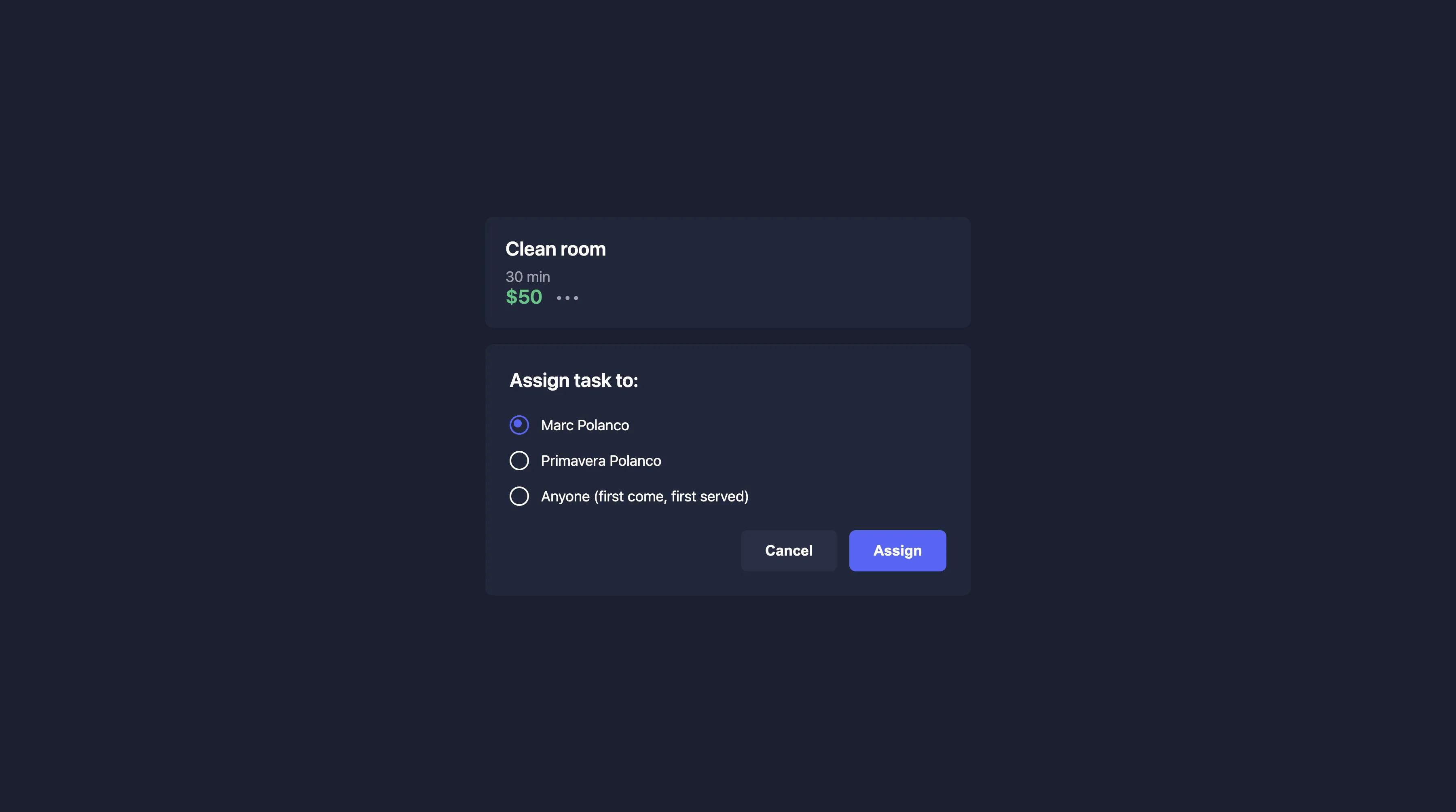 Assign tasks interface